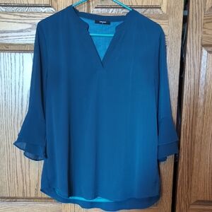 Teal V-Neck Blouse With Ruffle sleeve